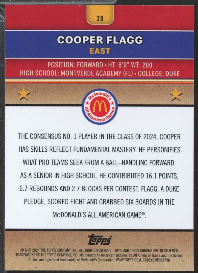 Cooper Flagg Rookie Card 2024 Topps Chrome McDonald's All American #28  Image 2