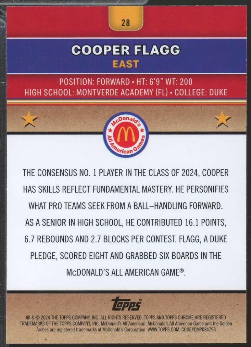 Cooper Flagg Rookie Card 2024 Topps Chrome McDonald's All American #28  Image 2