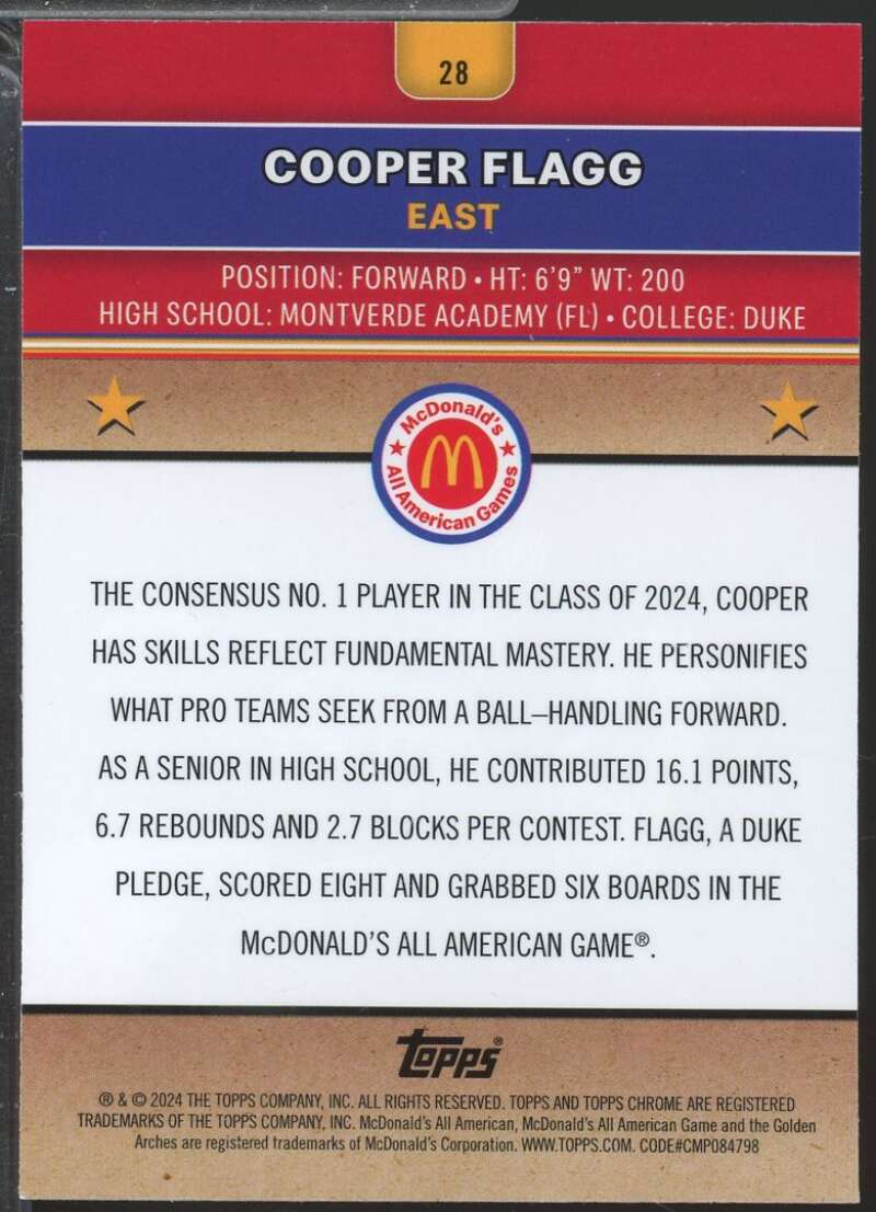 Cooper Flagg Rookie Card 2024 Topps Chrome McDonald's All American #28  Image 2