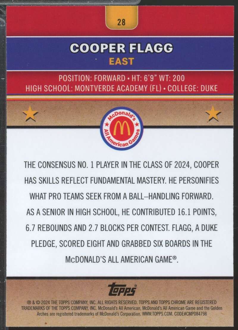 Cooper Flagg Rookie Card 2024 Topps Chrome McDonald's All American #28  Image 2