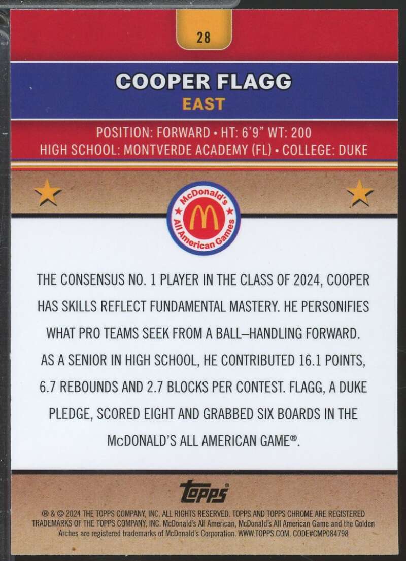 Cooper Flagg Rookie Card 2024 Topps Chrome McDonald's All American #28  Image 2