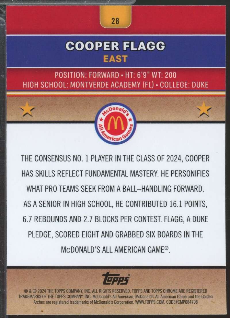Cooper Flagg Rookie Card 2024 Topps Chrome McDonald's All American #28  Image 2