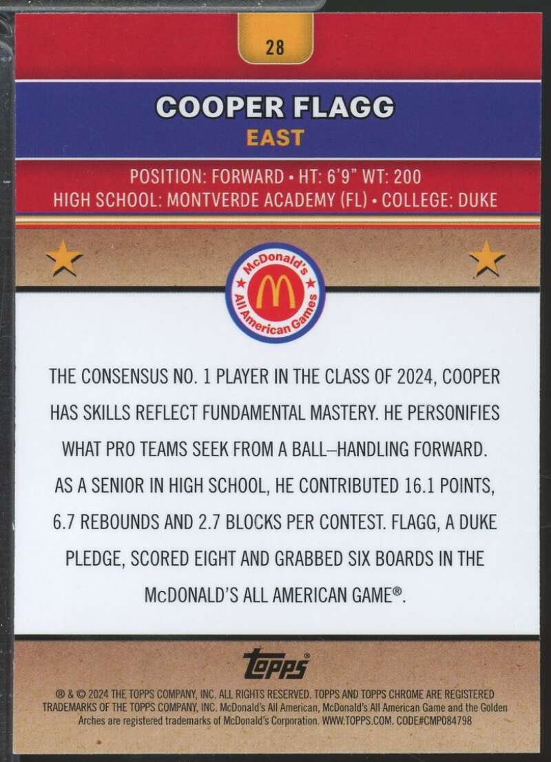 Cooper Flagg Rookie Card 2024 Topps Chrome McDonald's All American #28  Image 2
