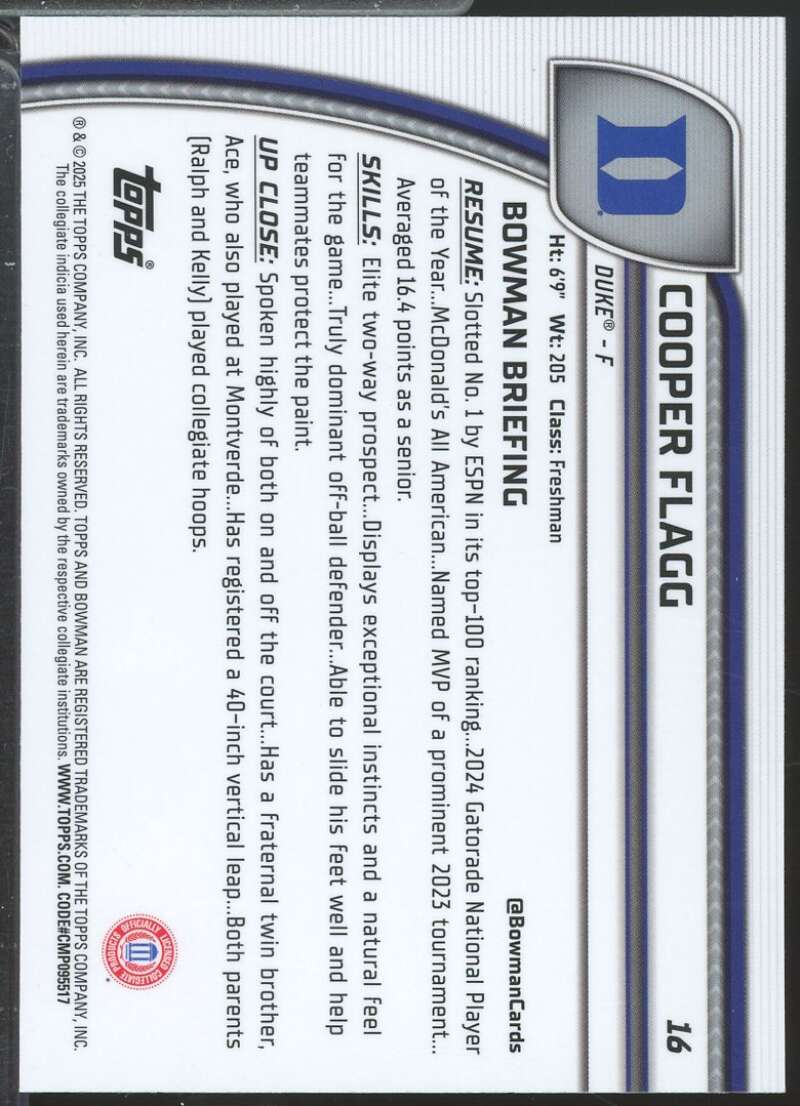 Cooper Flagg Rookie Card 2024-25 Bowman Chrome University #16  Image 2