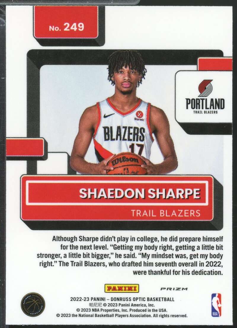 Shaedon Sharpe Rookie Card 2022-23 Donruss Optic Rated Holo #249  Image 2
