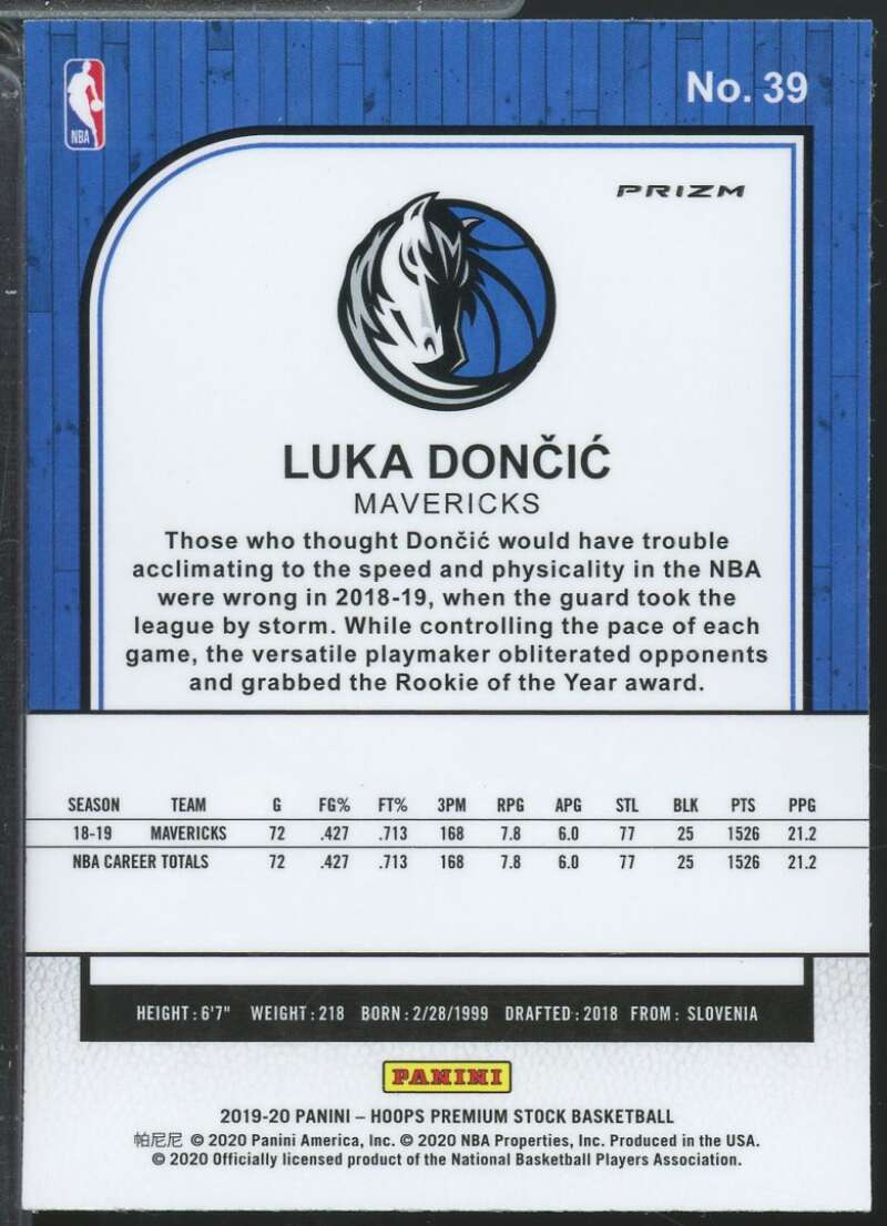 Luka Doncic Card 2019-20 Hoops Premium Stock Prizms Purple Disco #39  Image 2