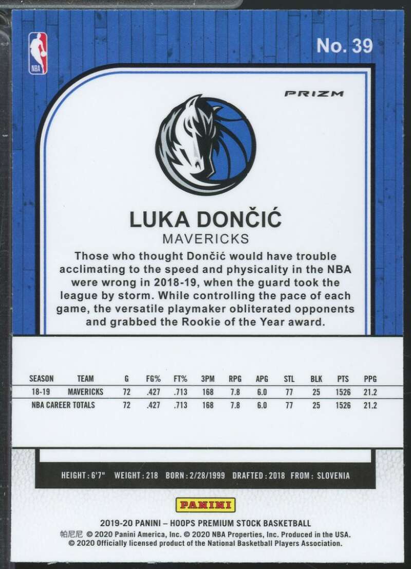 Luka Doncic Card 2019-20 Hoops Premium Stock Prizms Purple Disco #39  Image 2