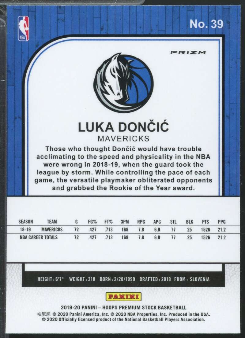 Luka Doncic Card 2019-20 Hoops Premium Stock Prizms Purple Disco #39  Image 2