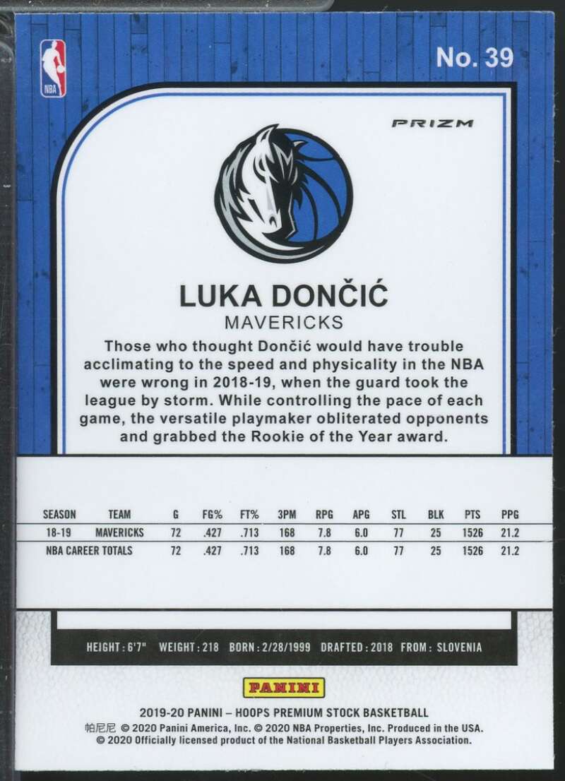 Luka Doncic Card 2019-20 Hoops Premium Stock Prizms Purple Disco #39  Image 2