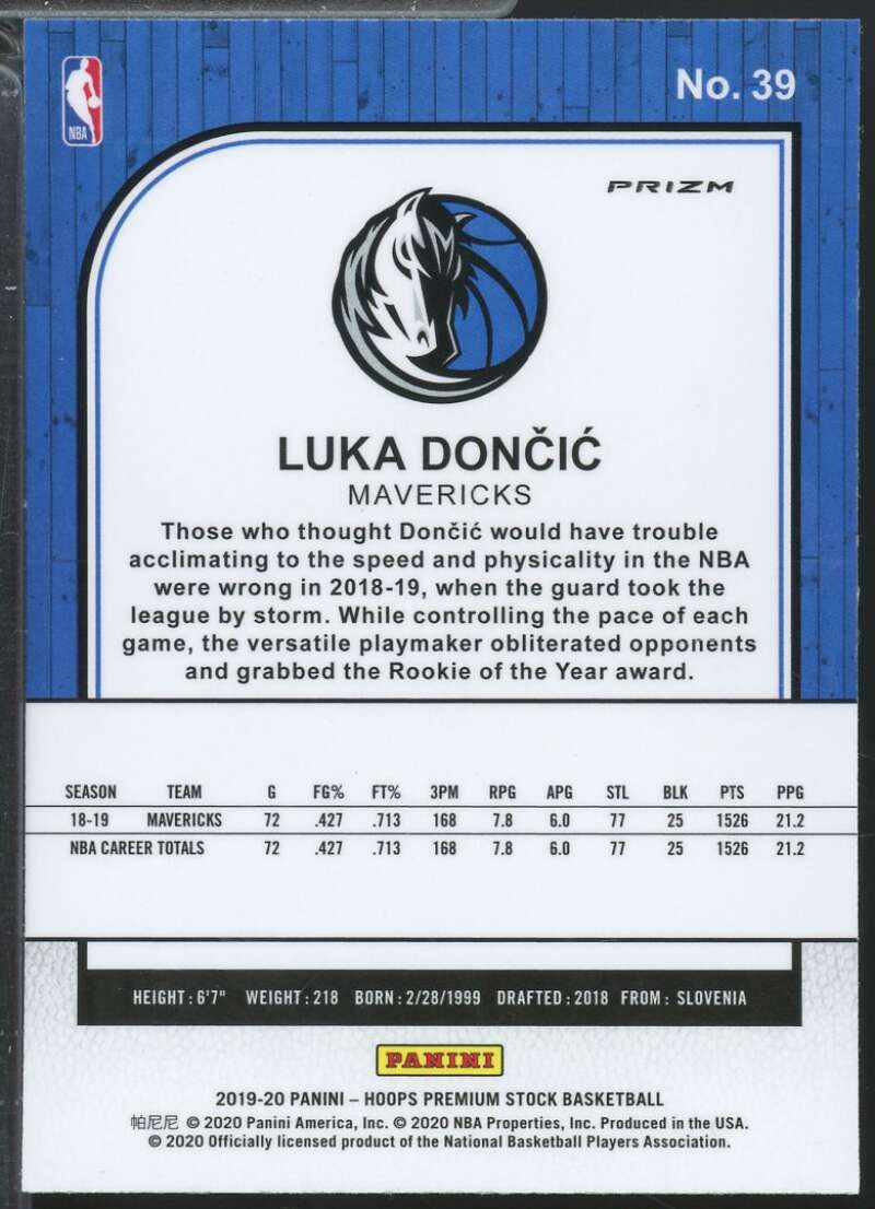 Luka Doncic Card 2019-20 Hoops Premium Stock Prizms Purple Disco #39  Image 2