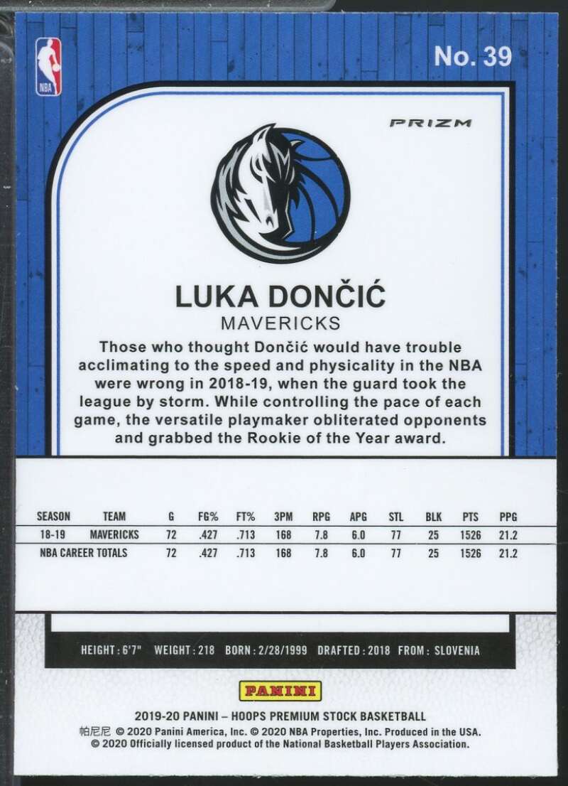 Luka Doncic Card 2019-20 Hoops Premium Stock Prizms Purple Disco #39  Image 2