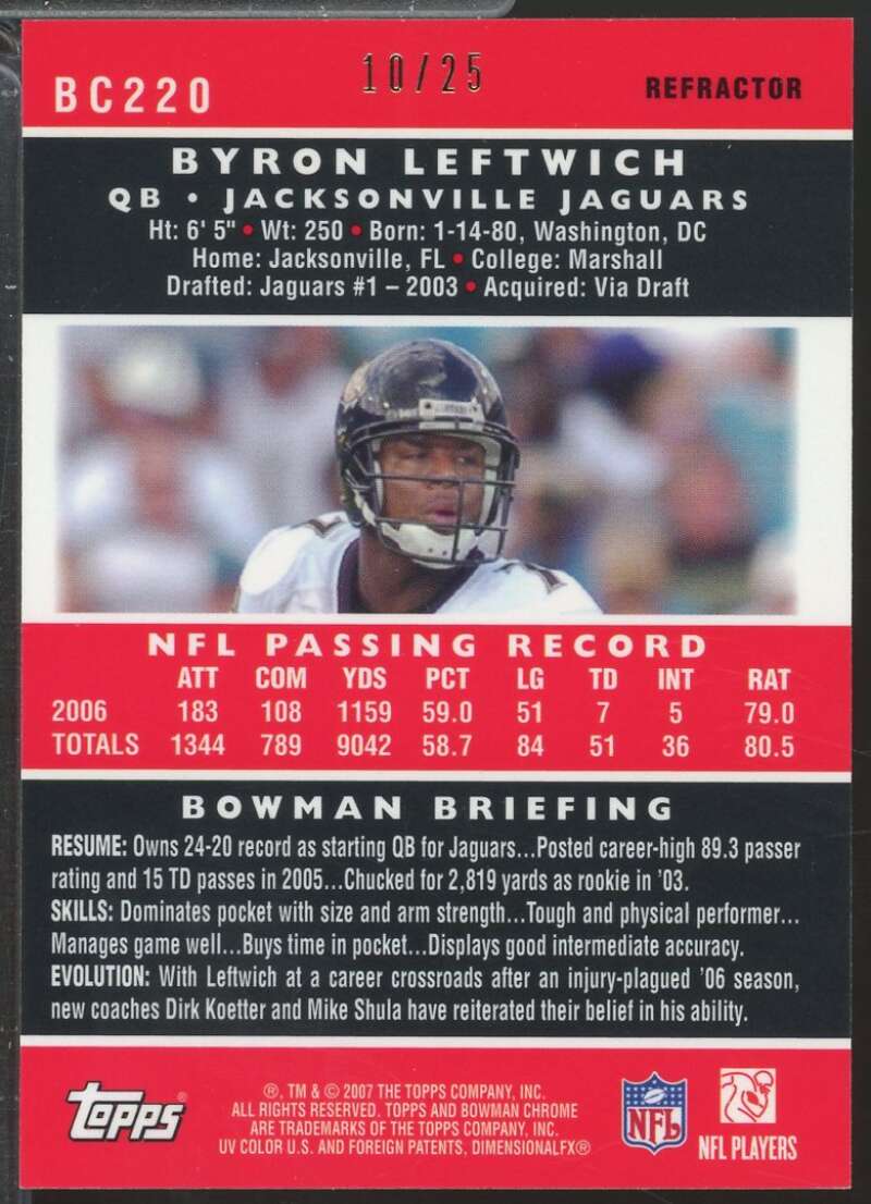 Byron Leftwich Card 2007 Bowman Chrome Orange Refractors /25 #BC220  Image 2