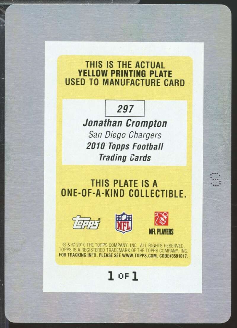 Jonathan Crompton Rookie Card 2010 Topps Printing Plates Yellow 1/1 #297  Image 2