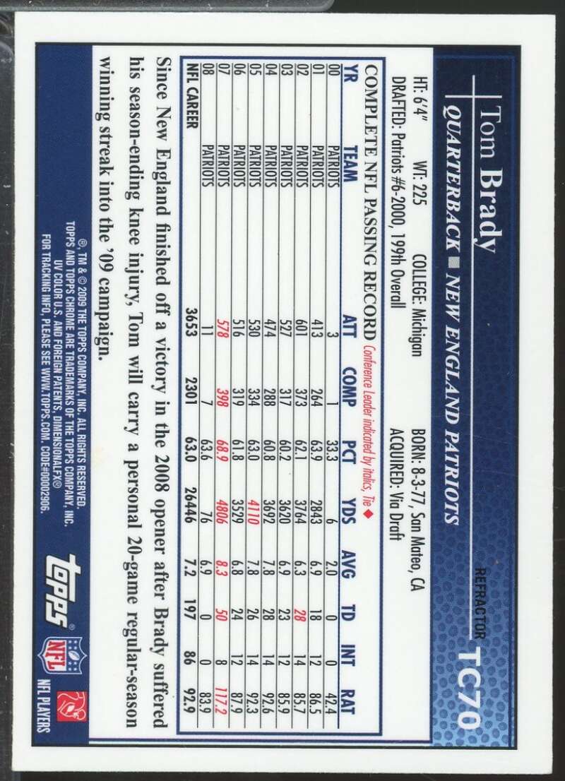 Tom Brady Card 2009 Topps Chrome Refractors #TC70  Image 2