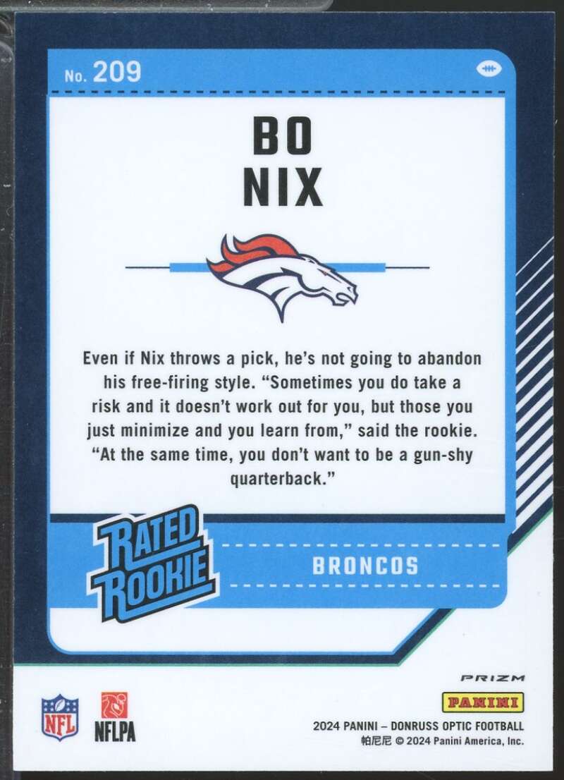 Bo Nix Rookie Card 2024 Donruss Optic Rated Holo #209  Image 2