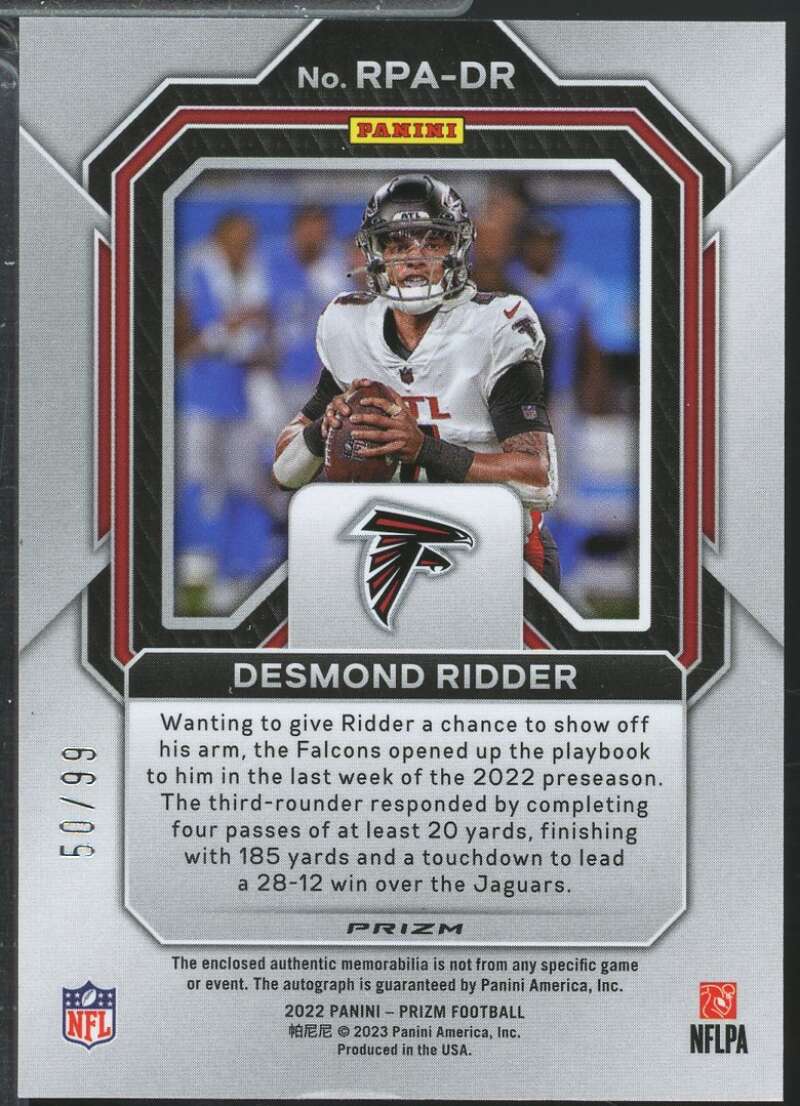 Desmond Ridder Rookie Card 2022 Panini Prizm Patch Autographs Silver /99 #2  Image 2