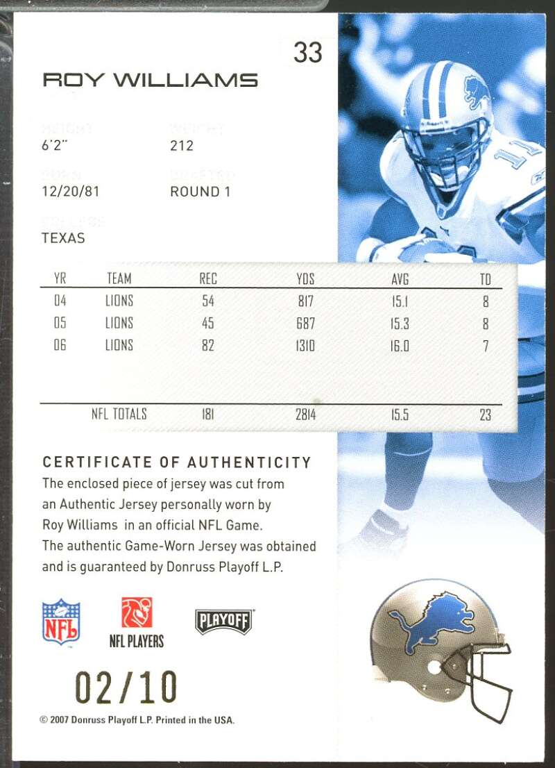 Roy Williams Card 2007 Playoff NFL Jersey Materials Gold Prime /10 #33  Image 2