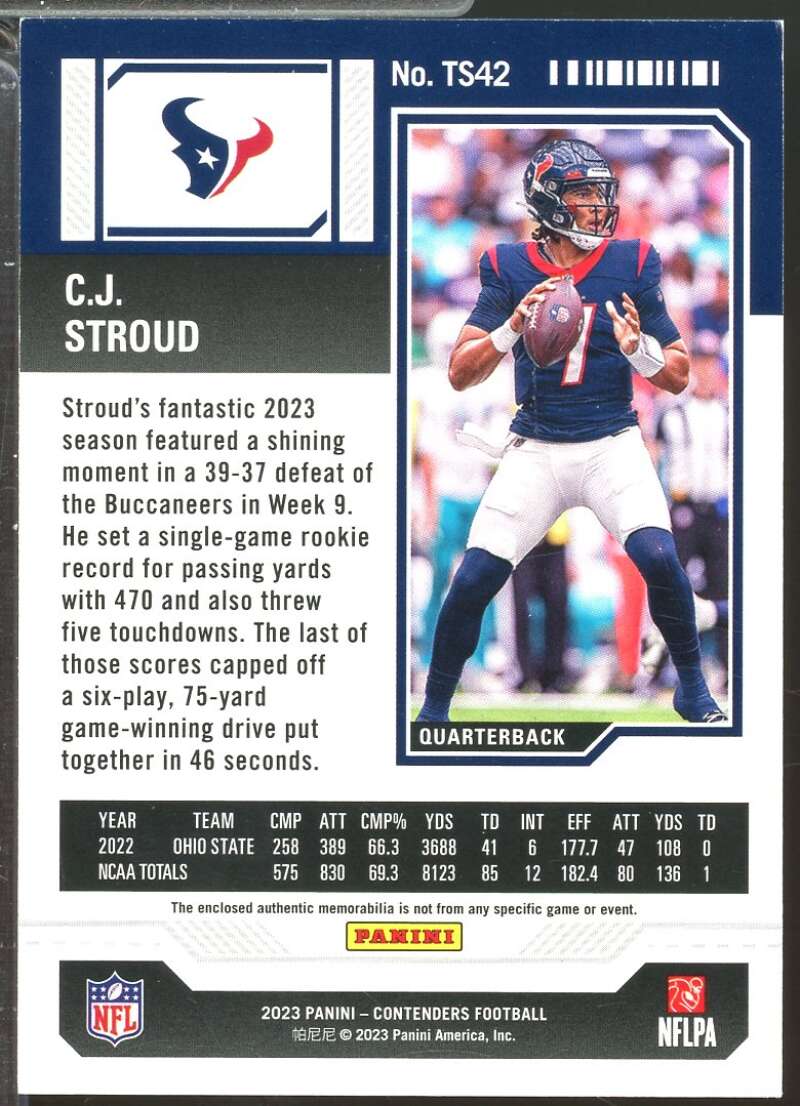 CJ Stroud Rookie Card 2023 Panini Contenders Ticket Swatches Jersey #42  Image 2