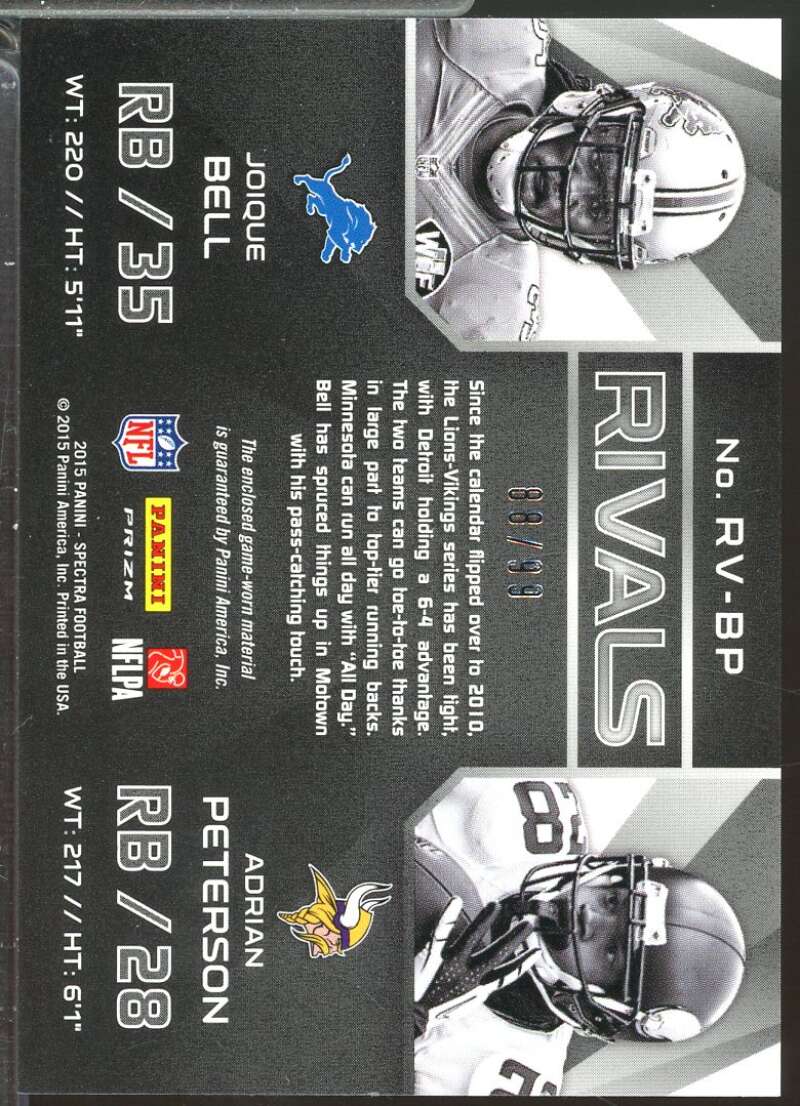 Adrian Peterson Joique Bell Card 2015 Panini Spectra Rivals Jerseys /99 #RVKM  Image 2
