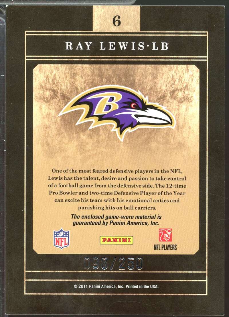 Ray Lewis Card 2011 Certified Gold Team Jersey Materials /250 #6  Image 2