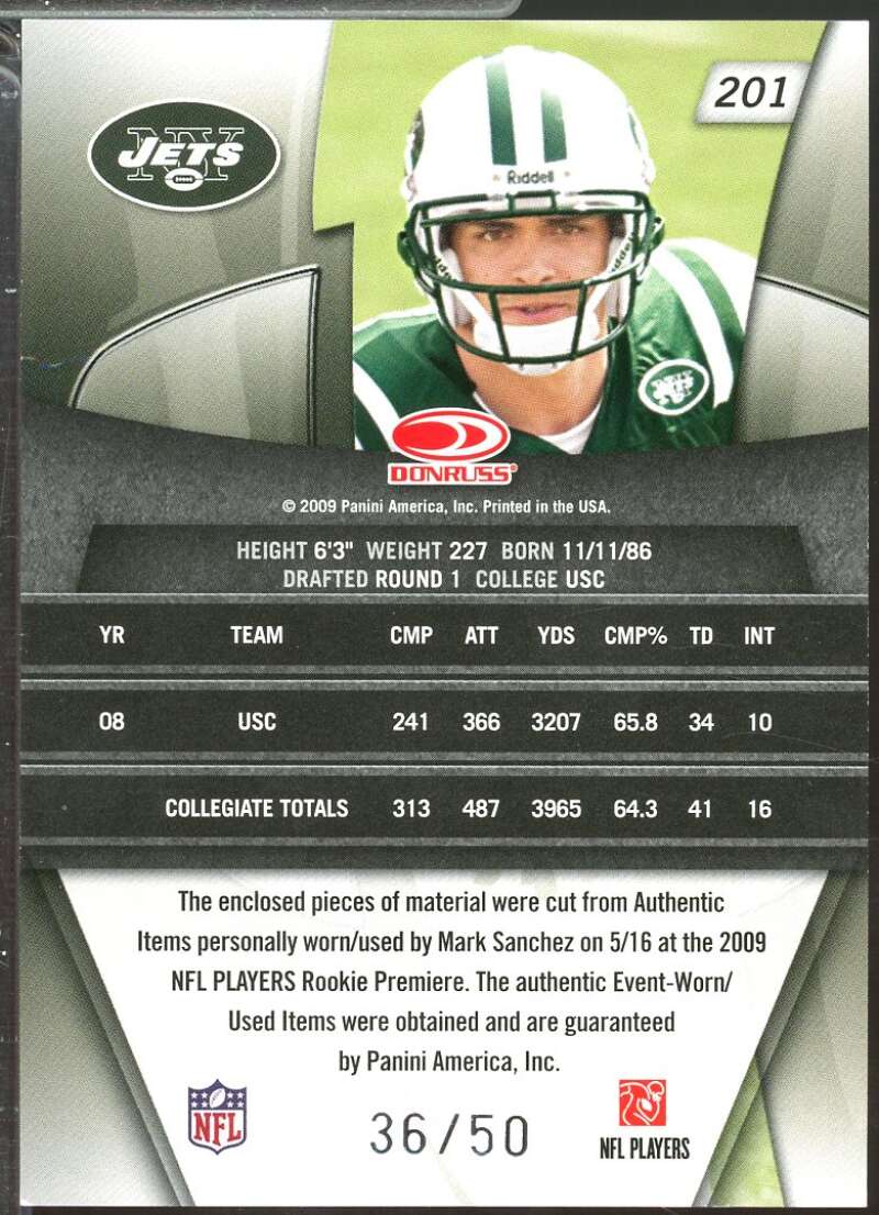 Mark Sanchez Rookie 2009 Donruss Gridiron Gear Gems Jersey Trios Prime /50 #201  Image 2