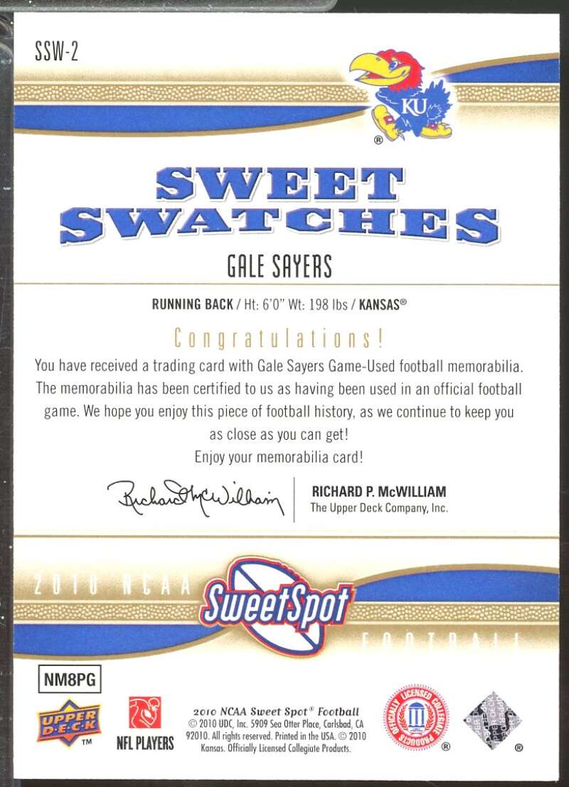 Gale Sayers Card 2010 Sweet Spot Sweet Swatches Jersey #SSW2  Image 2