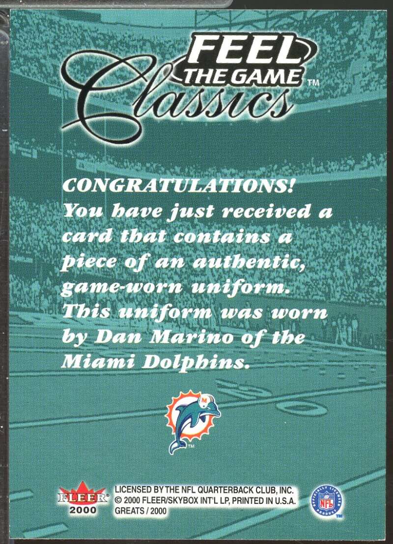 Dan Marino Card 2000 Fleer Greats of the Game Feel The Game Classics Teal #13  Image 2