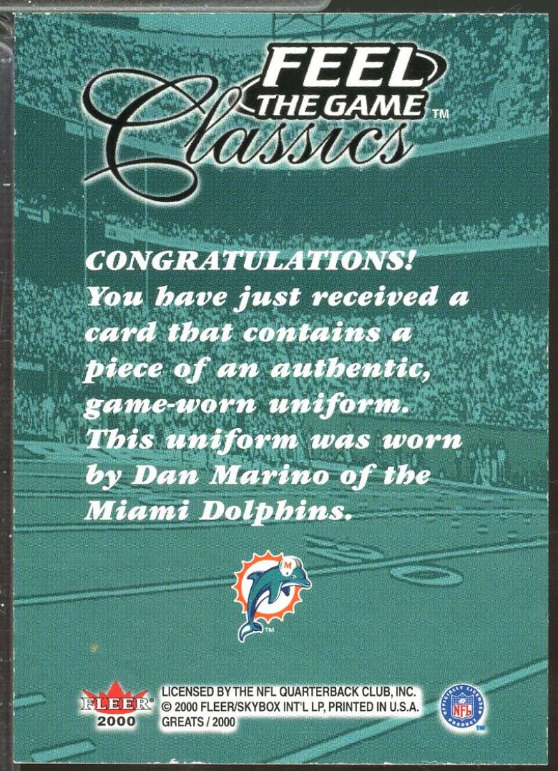 Dan Marino Card 2000 Fleer Greats of the Game Feel The Game Classics White #12  Image 2