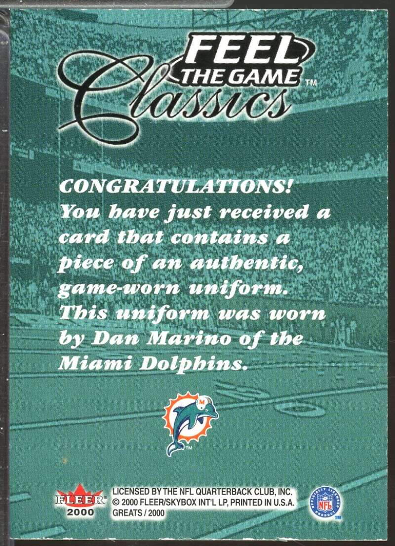 Dan Marino Card 2000 Fleer Greats of the Game Feel The Game Classics White #12  Image 2