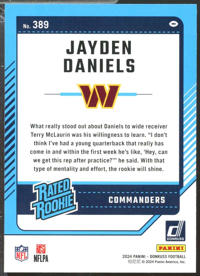 Jayden Daniels Rookie Card 2024 Donruss Rated #389  Image 2