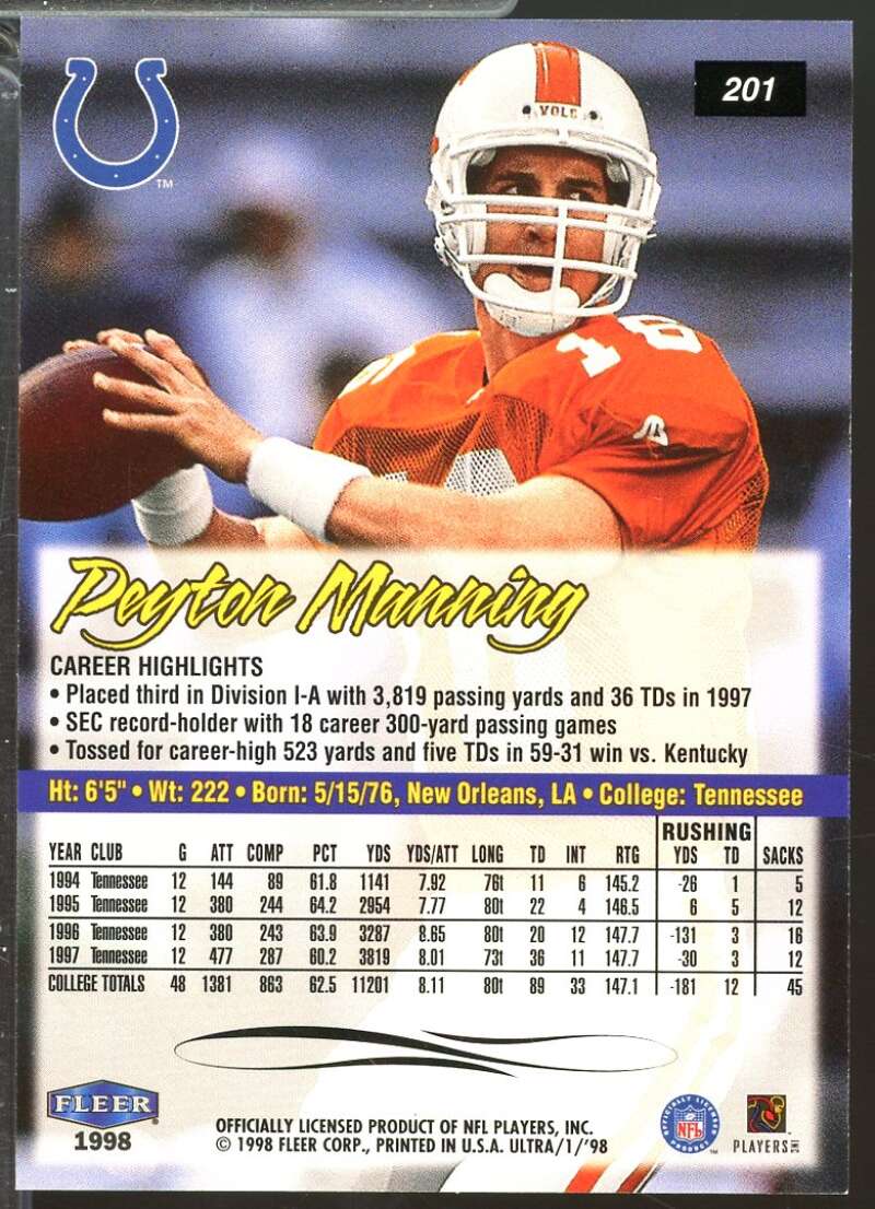 Peyton Manning Rookie Card 1998 Ultra #201  Image 2