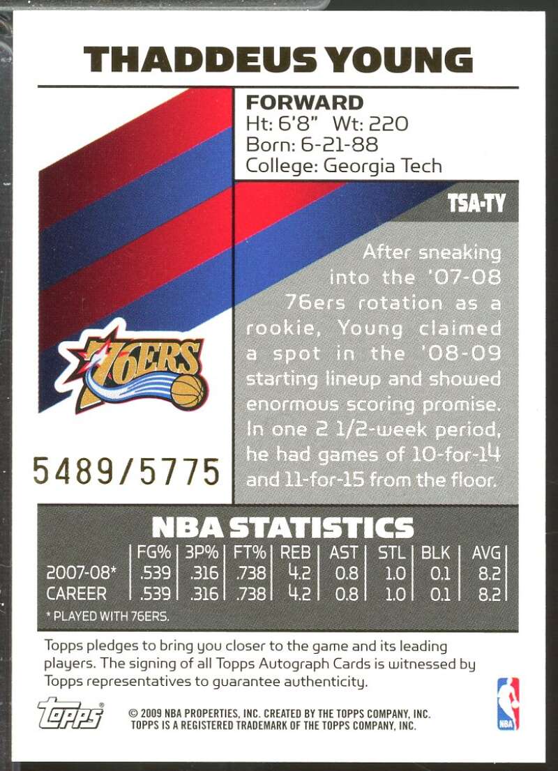 Thaddeus Young Card 2008-09 Topps Signature Autographs /5775 #TSATY  Image 2