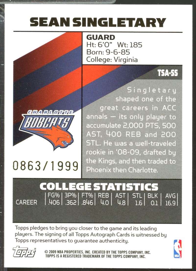 Sean Singletary Card 2008-09 Topps Signature Autographs /1999 #TSASS  Image 2