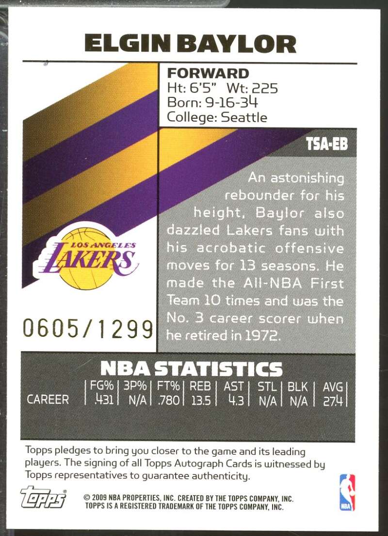 Elgin Baylor Card 2008-09 Topps Signature Autographs /1299 #TSAEB  Image 2