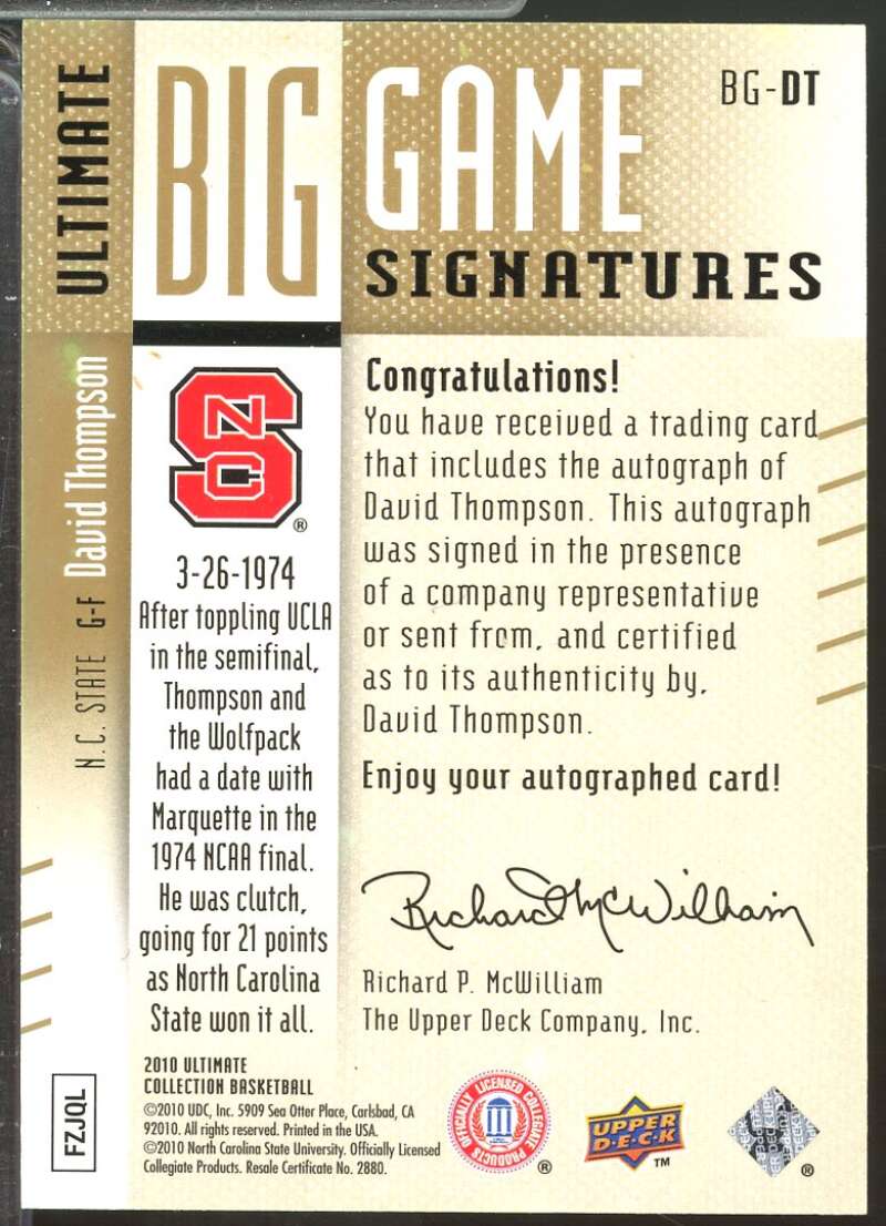 David Thompson 2010-11 Ultimate Big Game Signatures Autograph Gold /75 #BGDT  Image 2