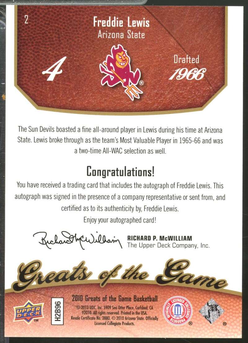 Freddie Lewis Card 2009-10 Fleer Greats of the Game Autographs #2  Image 2