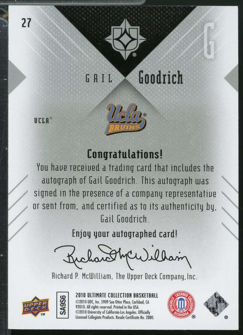 Gail Goodrich Card 2010-11 Ultimate Collection Base Autograph /75 #27  Image 2