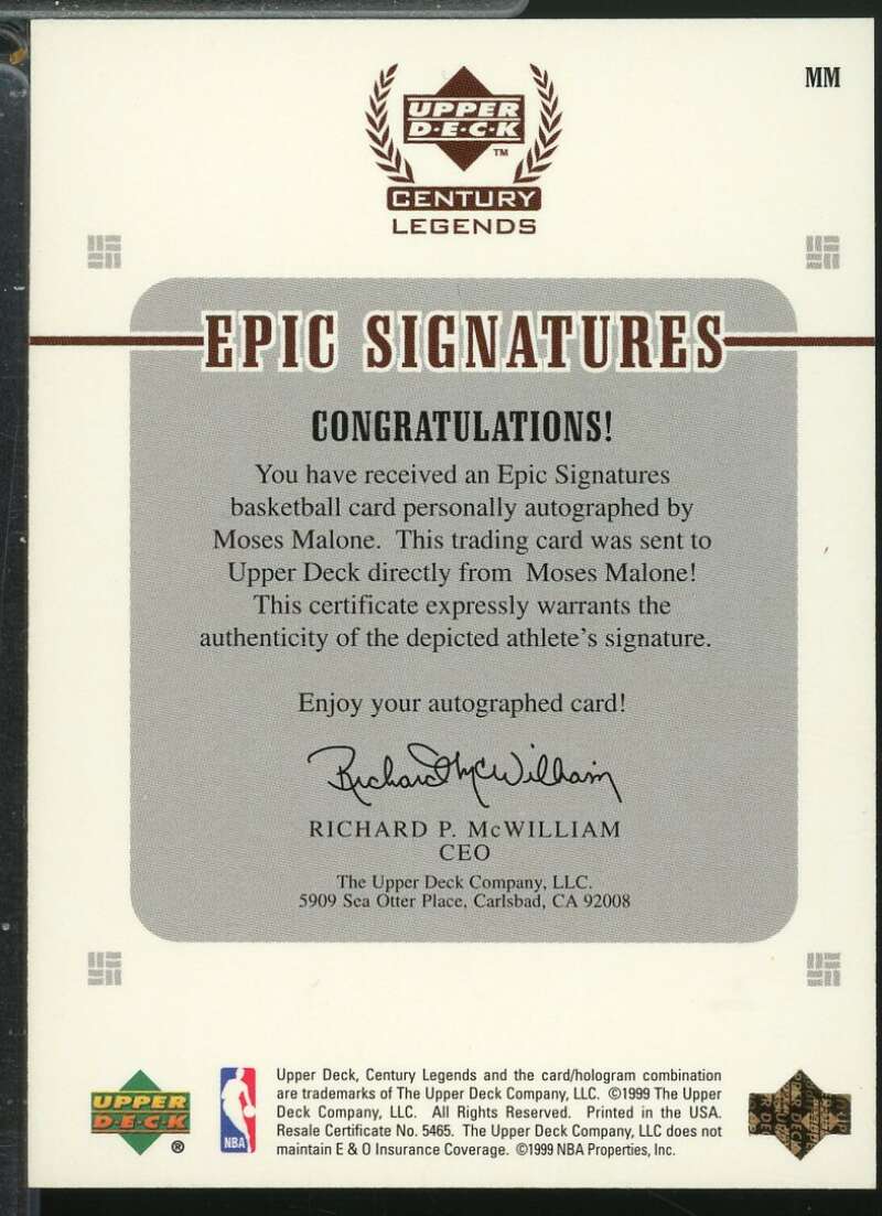 Moses Malone Card 1999 Upper Deck Century Legends Epic Signatures Autograph #MM  Image 2