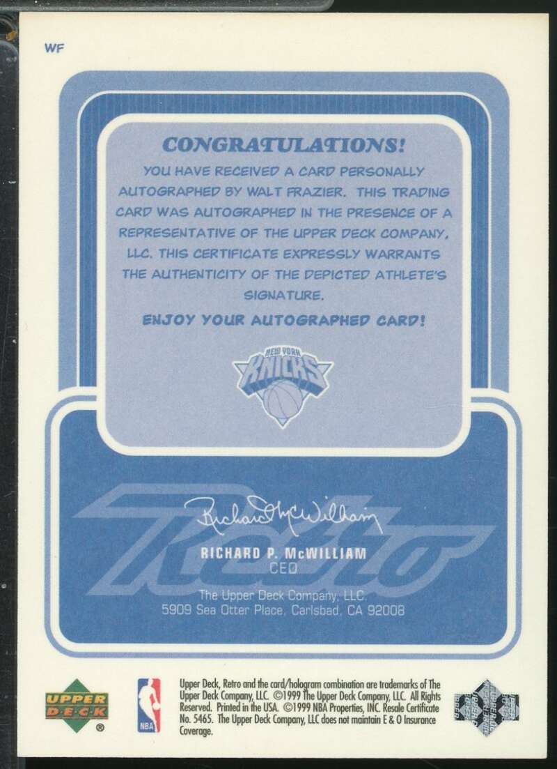 Walt Frazier Card 1999-00 Upper Deck Retro Inkredible Autograph #WF  Image 2