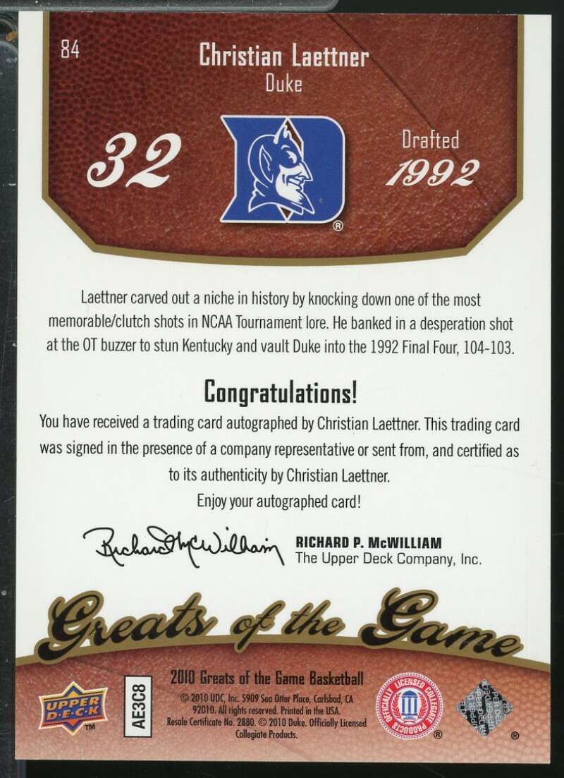Christian Laettner Card 2009-10 Fleer Greats of the Game Autographs #84  Image 2