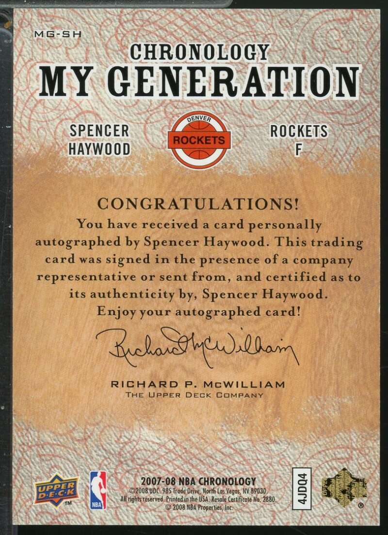 Spencer Haywood 2007-08 Upper Deck Chronology My Generation Autograph /69 #MGSH  Image 2