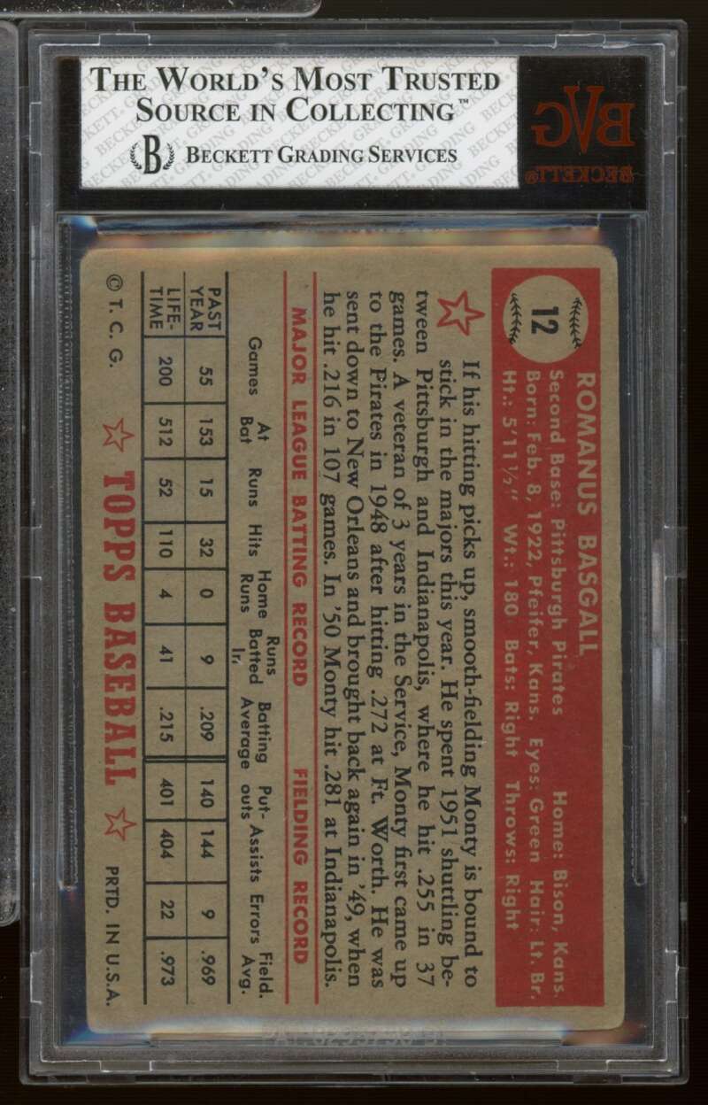 Monty Basgall Card 1952 Topps #12 BGS BVG 3 Image 2
