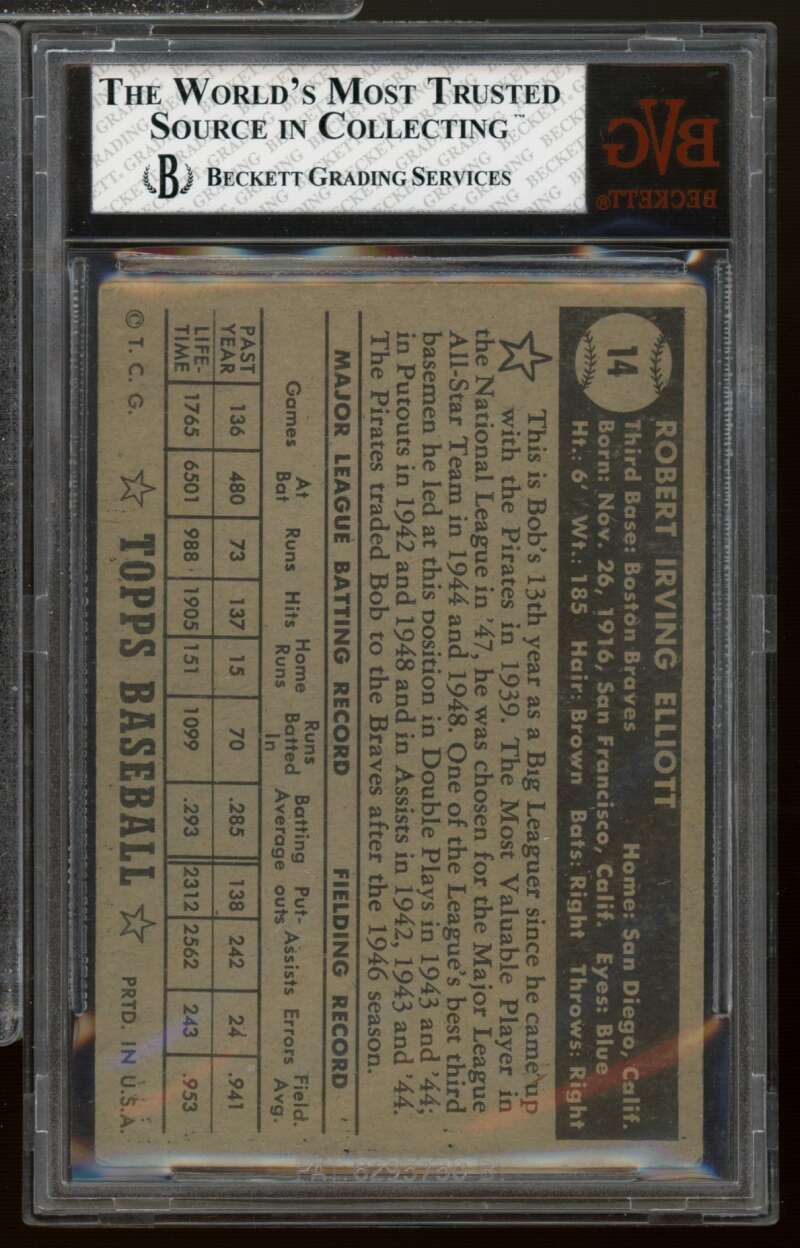 Bob Elliott Card 1952 Topps Black Back #14A BGS BVG 5 Image 2