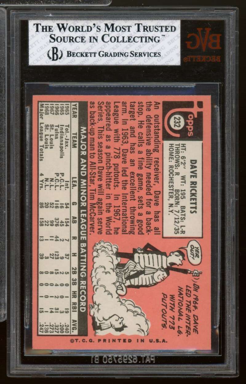 Dave Ricketts Card 1969 Topps #232 BGS BVG 8 Image 2