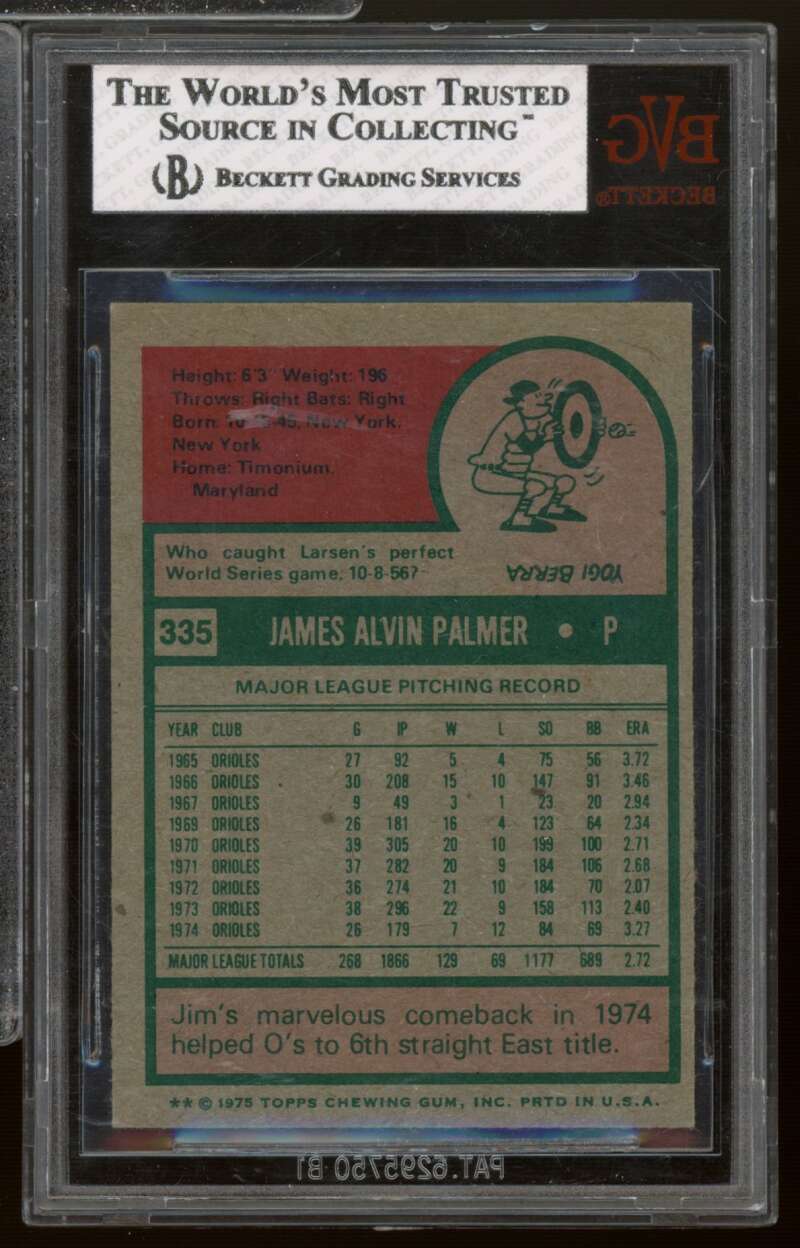 Jim Palmer Card 1975 Topps #335 BGS BVG 6.5 Image 2