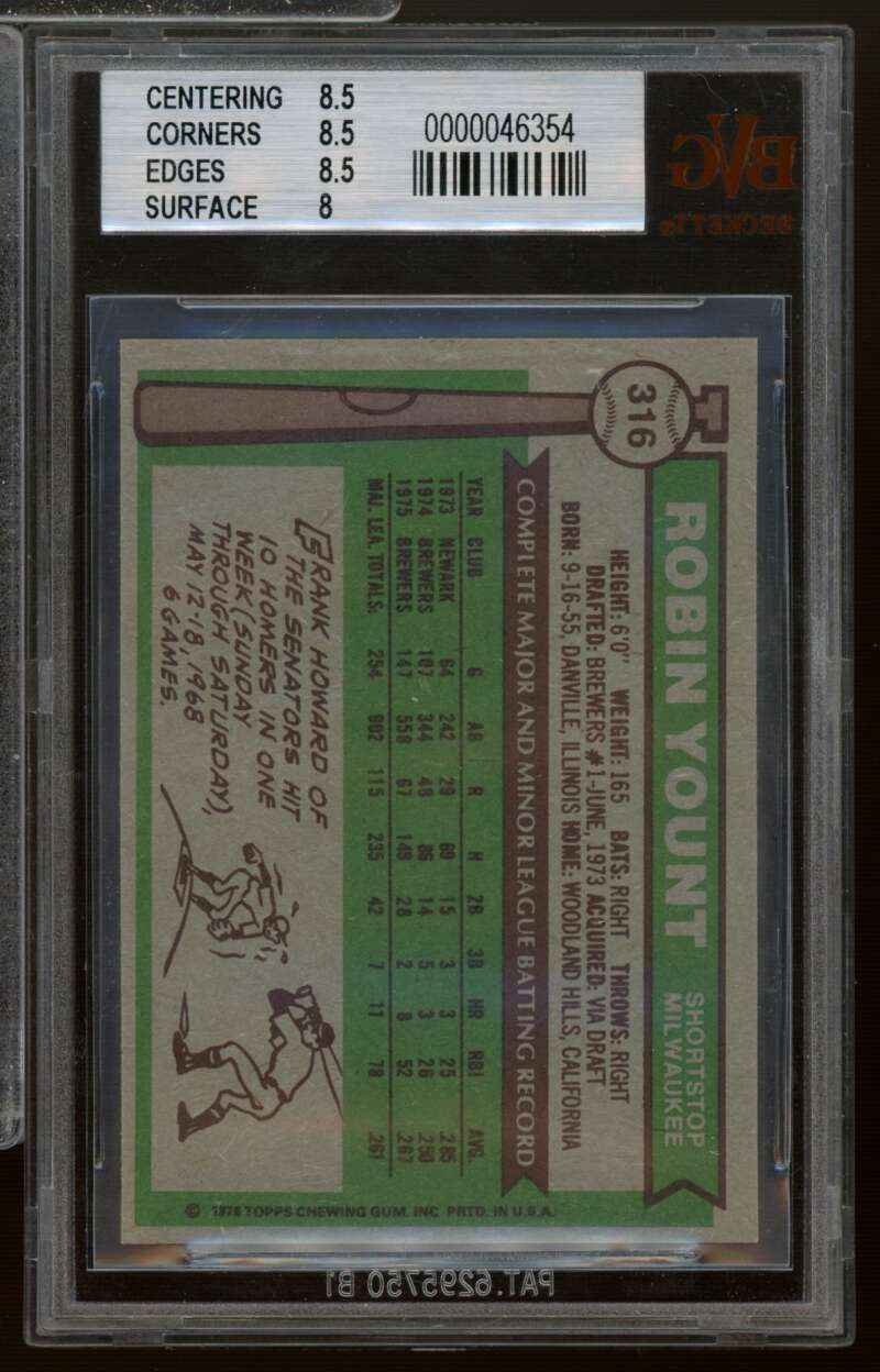 Robin Yount Card 1976 Topps #316 BGS BVG 8.5 Image 2