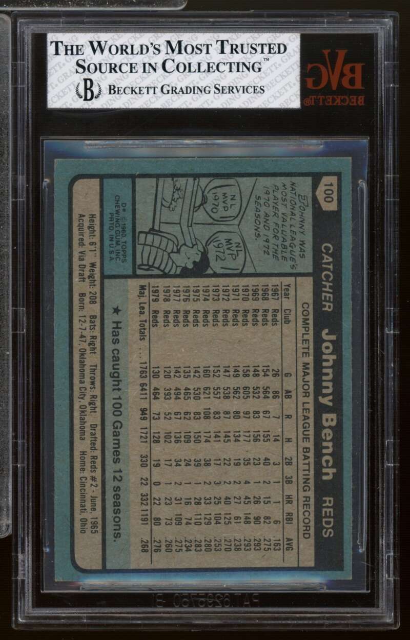 Johnny Bench Card 1980 Topps #100 BGS BVG 7 Image 2