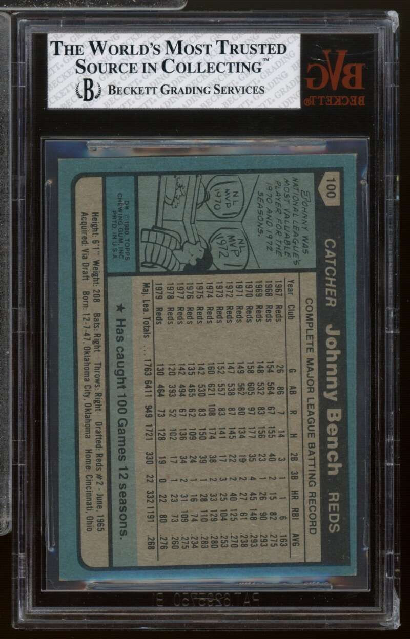 Johnny Bench Card 1980 Topps #100 BGS BVG 7 Image 2