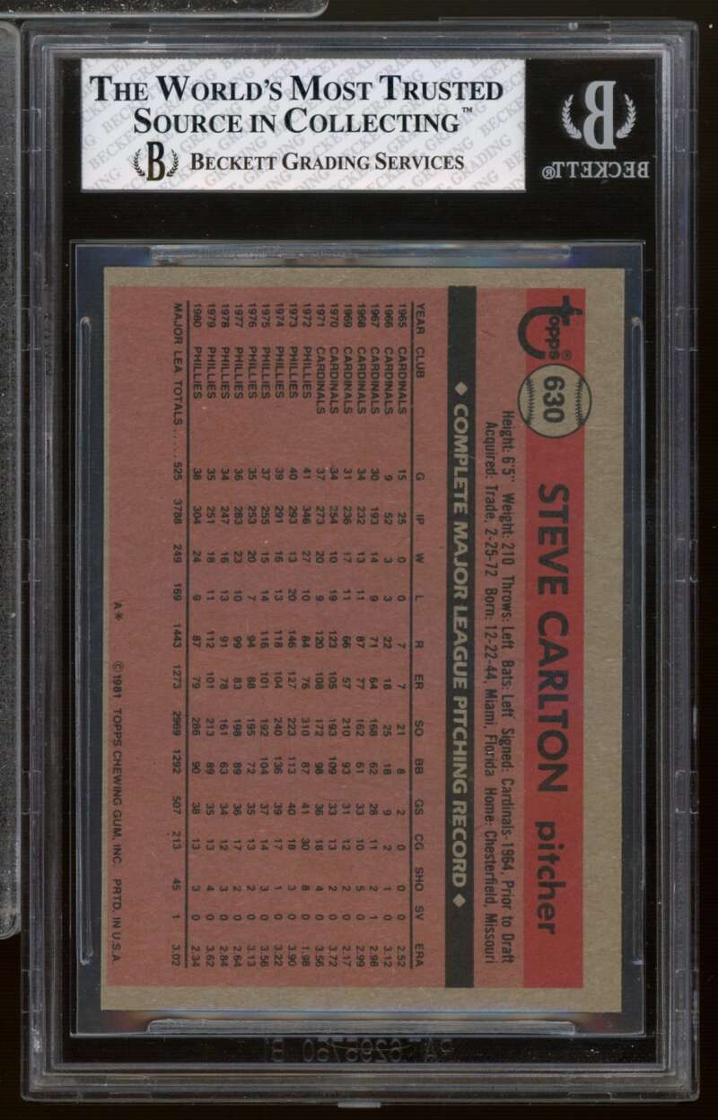 Steve Carlton Card 1981 Topps #630 BGS 6.5 Image 2