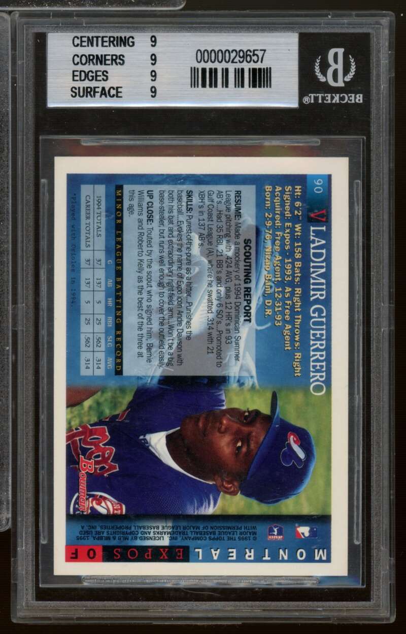 Vladimir Guerrero Rookie Card 1995 Bowman #90 BGS 9 Image 2